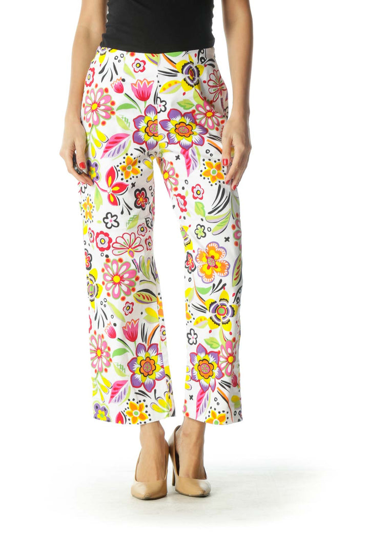 White Multicolor Floral Print Cropped Pants