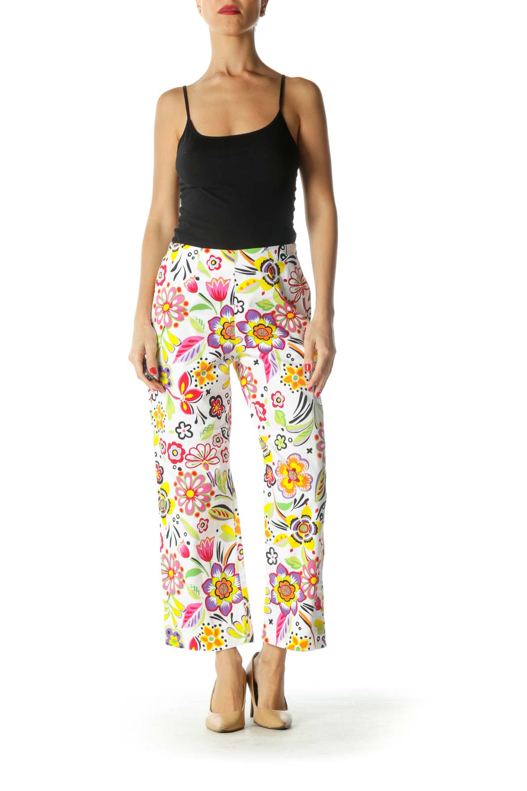 White Multicolor Floral Print Cropped Pants