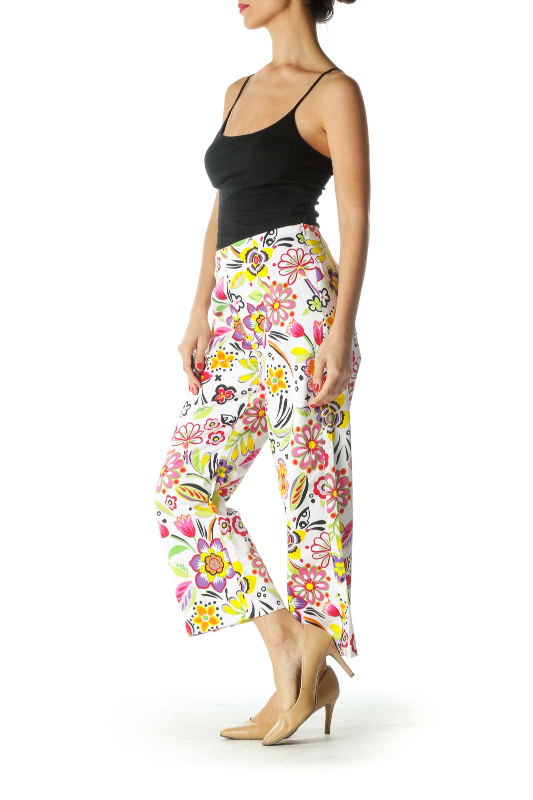 White Multicolor Floral Print Cropped Pants