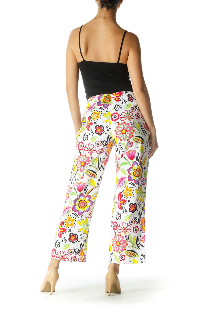 White Multicolor Floral Print Cropped Pants