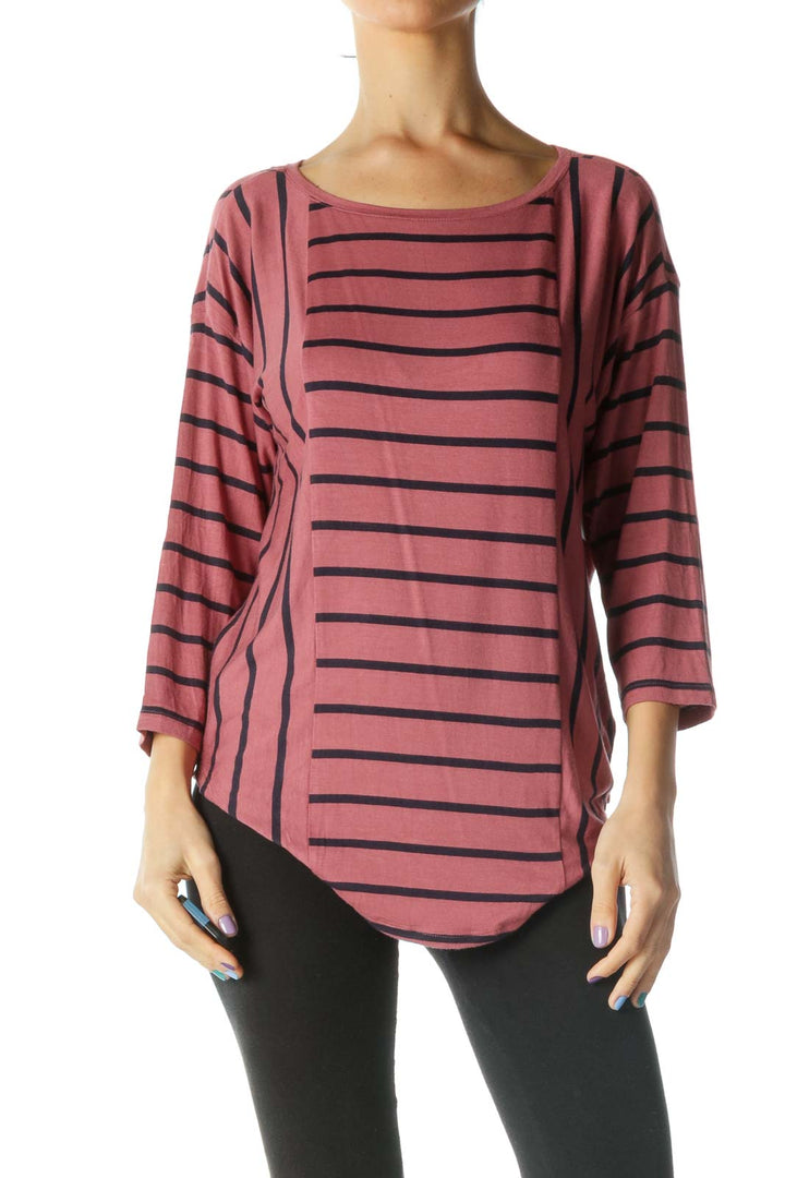 Red and Black Striped Round Neck Knit Top