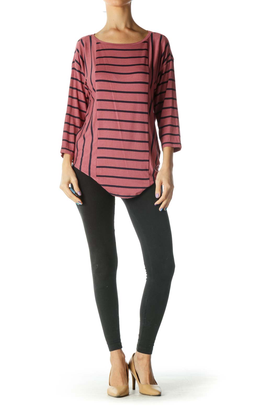 Red and Black Striped Round Neck Knit Top