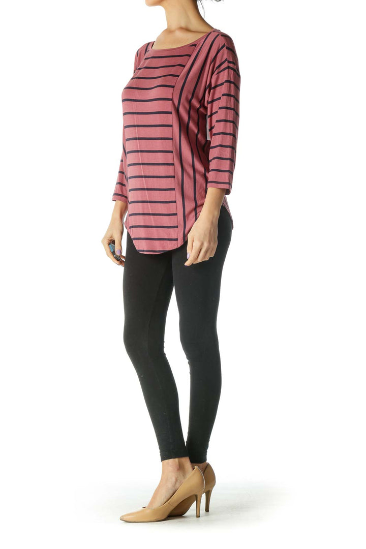 Red and Black Striped Round Neck Knit Top