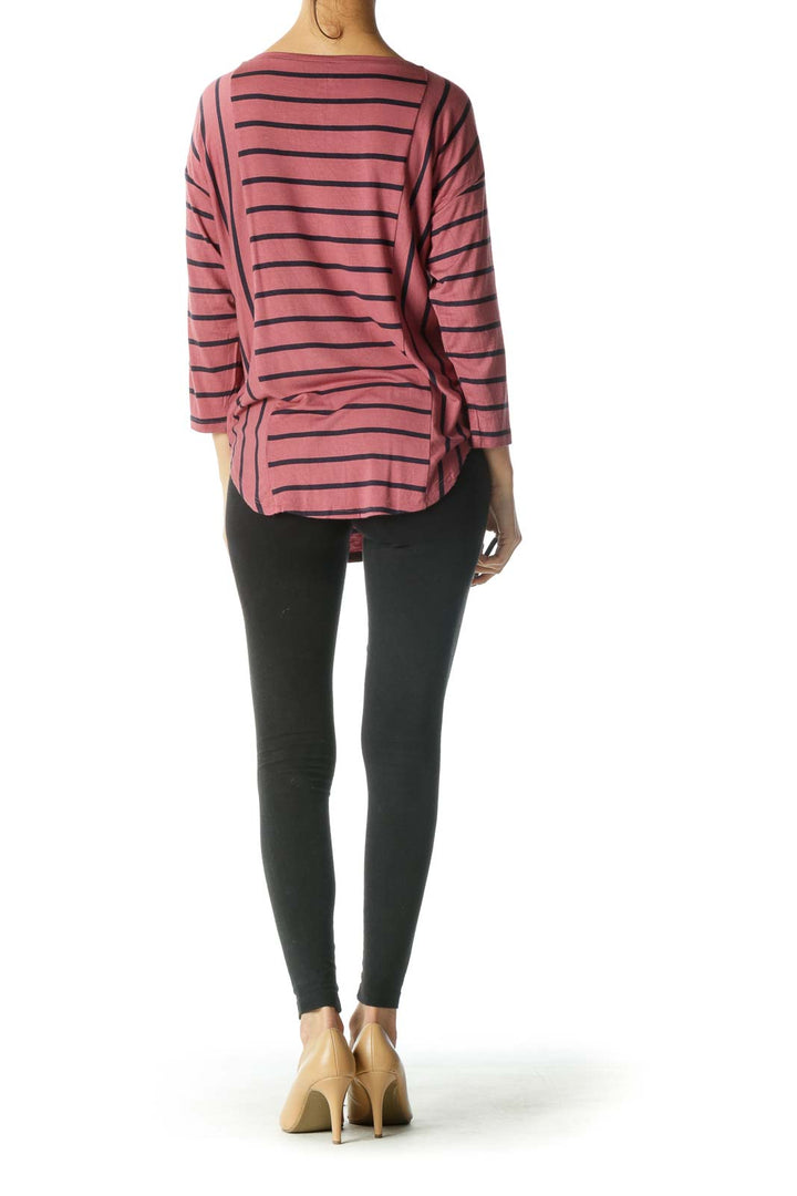 Red and Black Striped Round Neck Knit Top