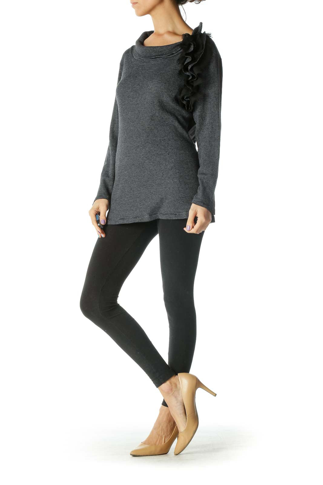 Black White Ruched Long Sleeve Shirt