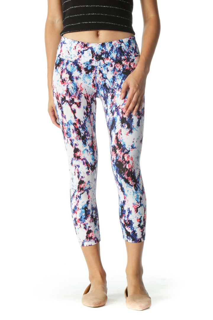 White and Blue Abstract Print Cropped Leggings