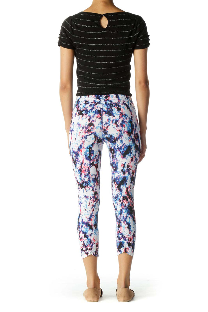 White and Blue Abstract Print Cropped Leggings