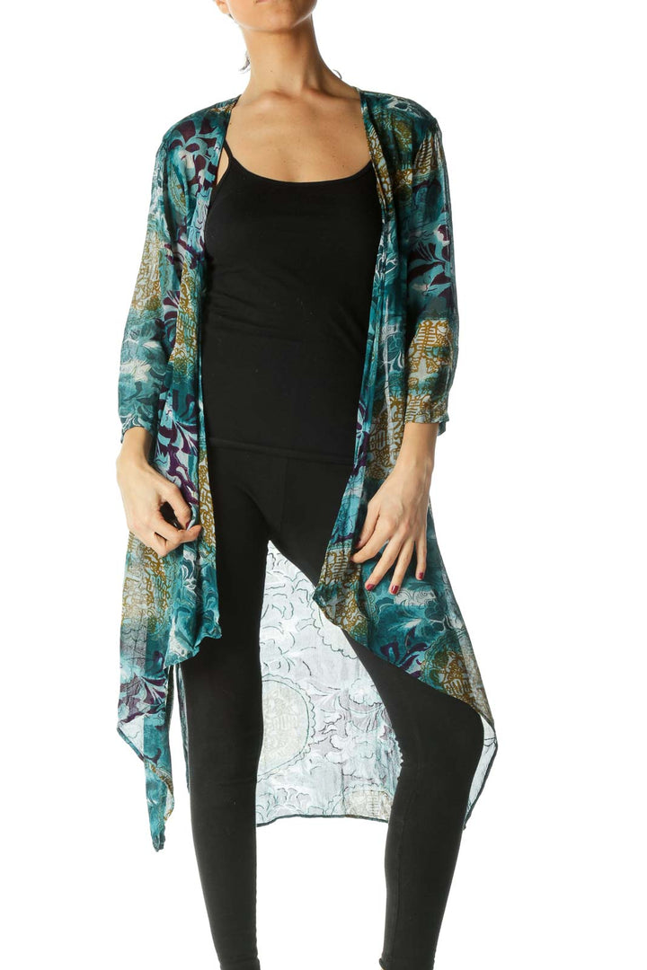 Blue and Green Print Sheer Long Cardigan