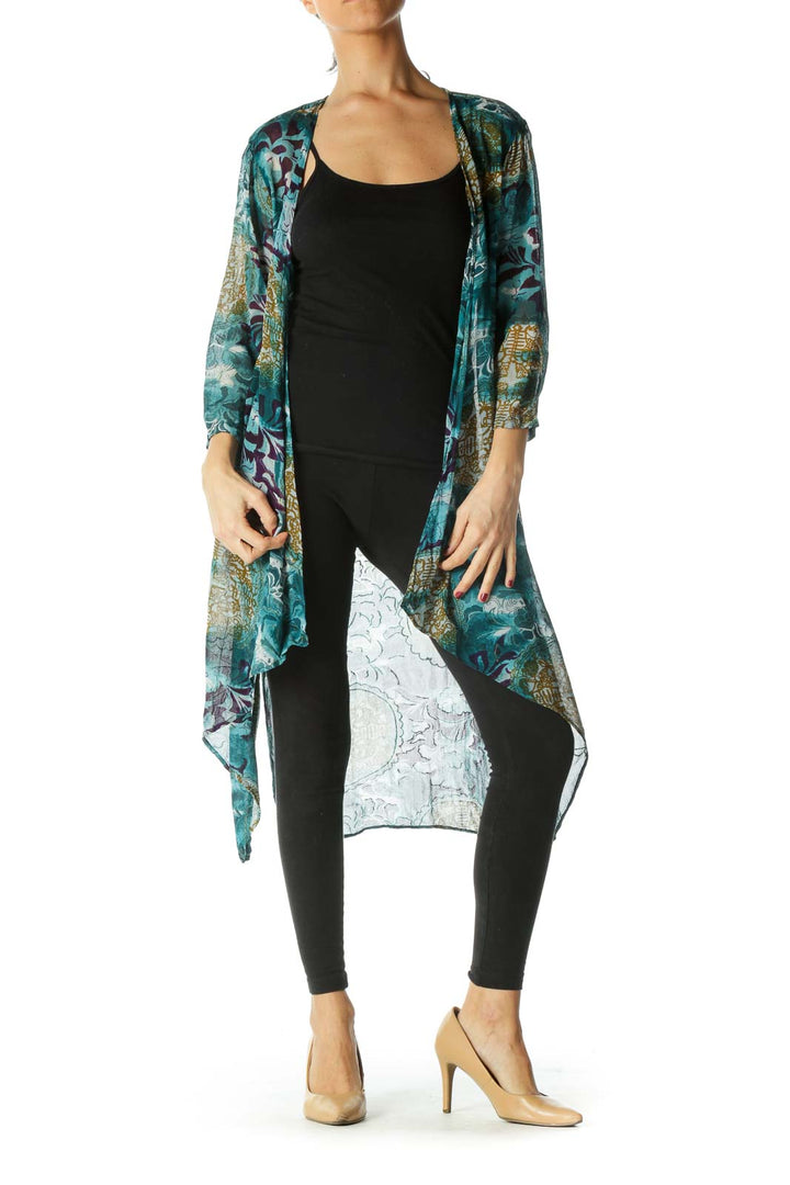 Blue and Green Print Sheer Long Cardigan