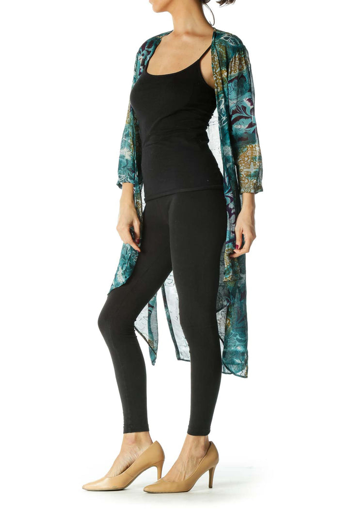 Blue and Green Print Sheer Long Cardigan