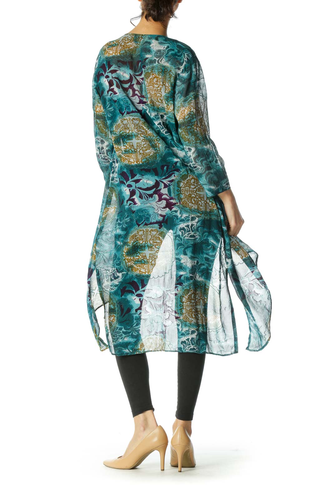 Blue and Green Print Sheer Long Cardigan