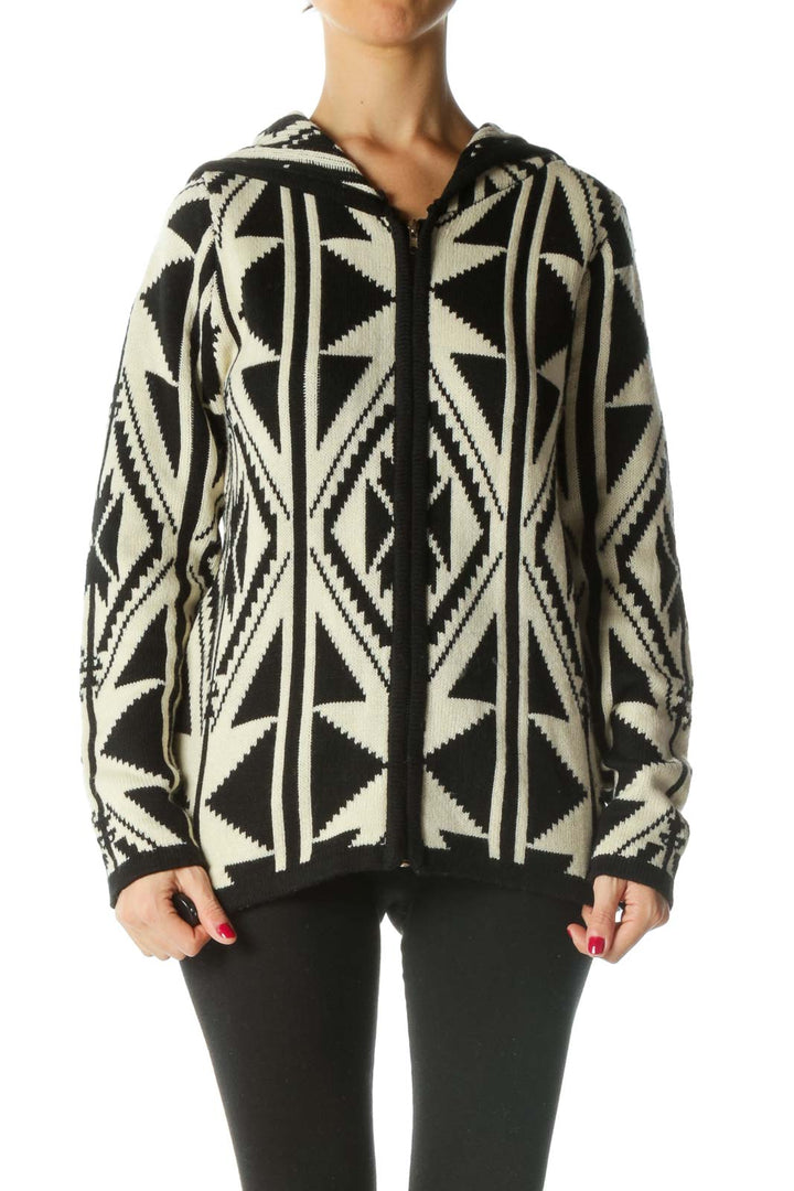 Black Cream Hooded Knitted Pattern Zippered Cardigan