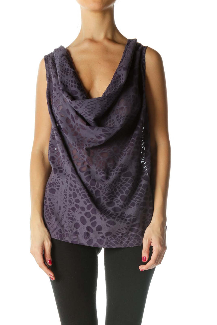 Purple See-Through Pattern Cowl Neck Top