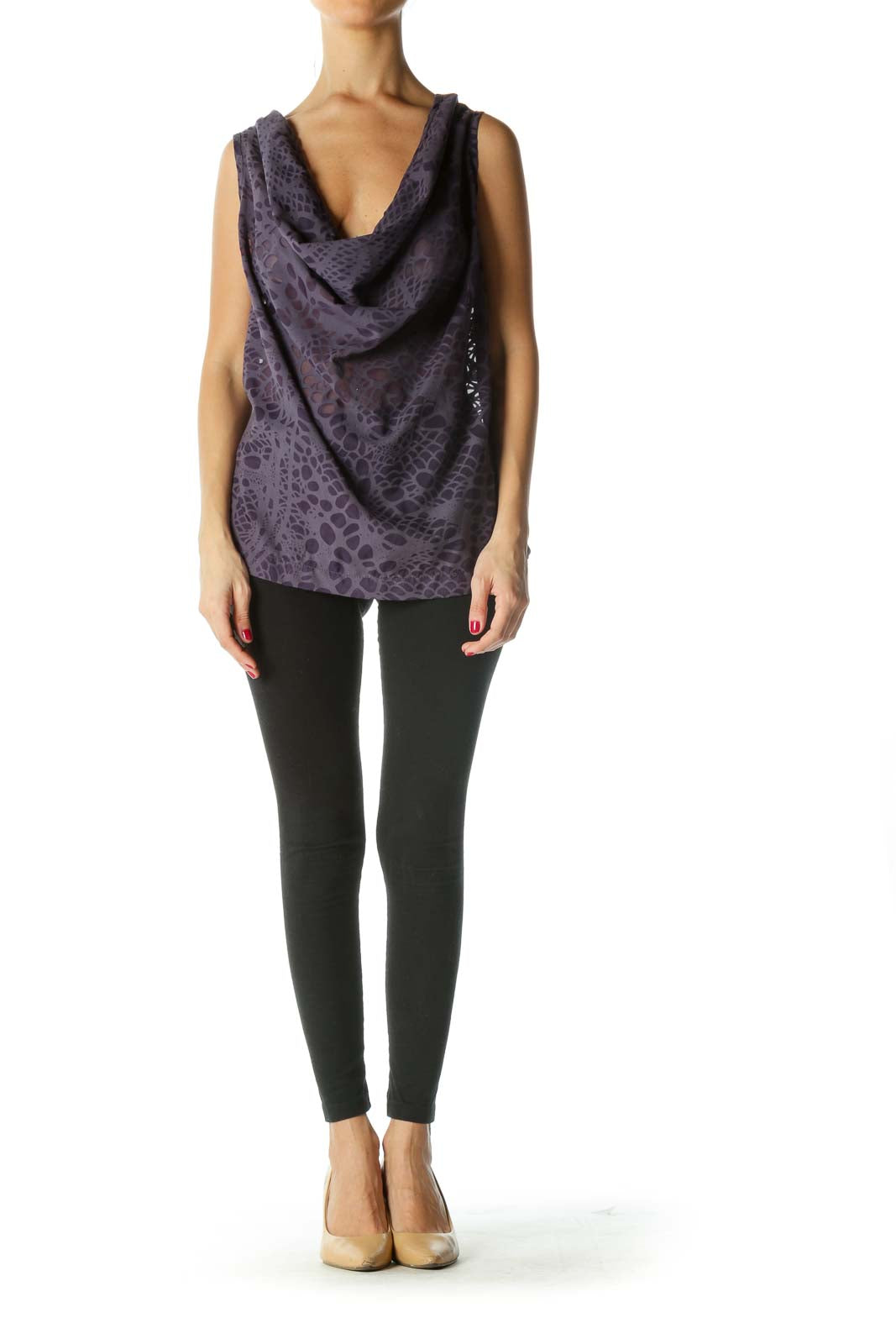 Purple See-Through Pattern Cowl Neck Top