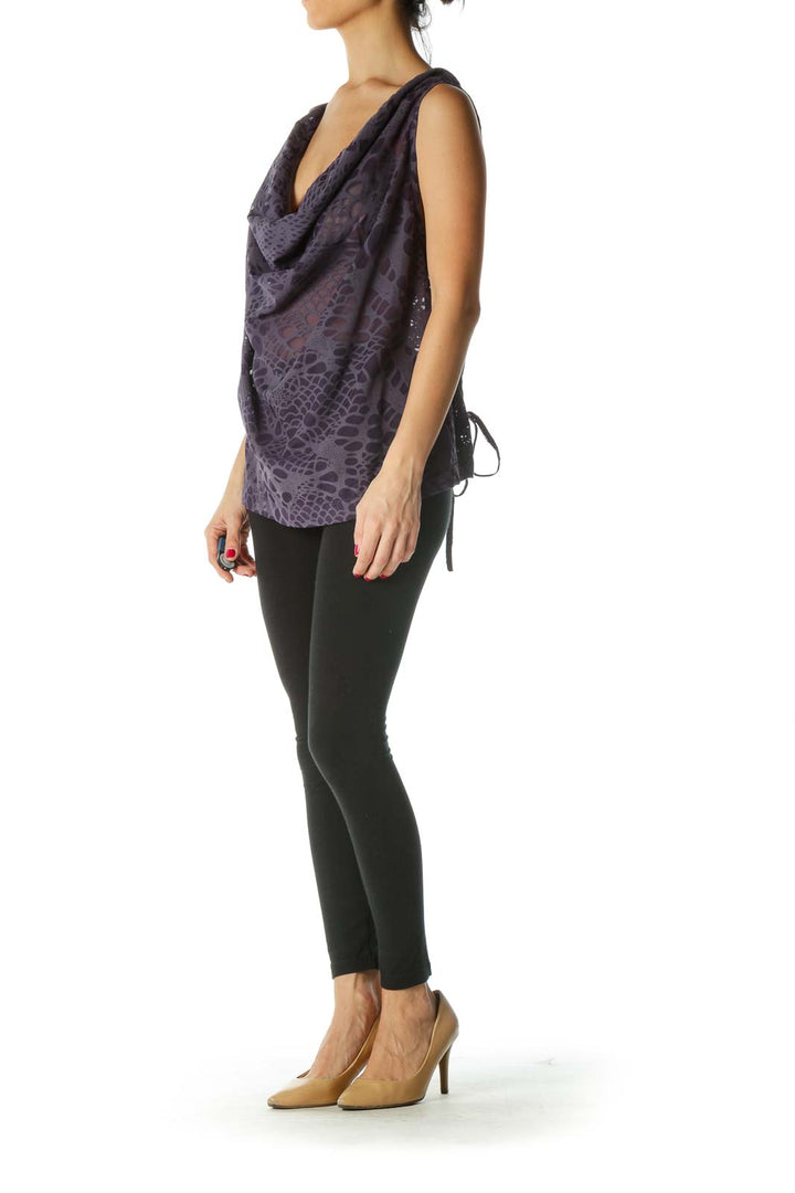 Purple See-Through Pattern Cowl Neck Top