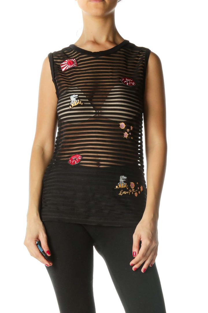 Black Sheer Textured Appliques Top