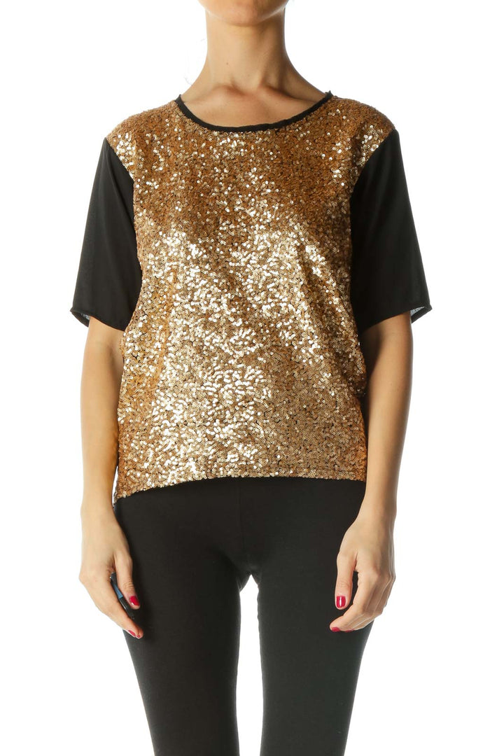 Gold Black Sequined Mixed-Media Top