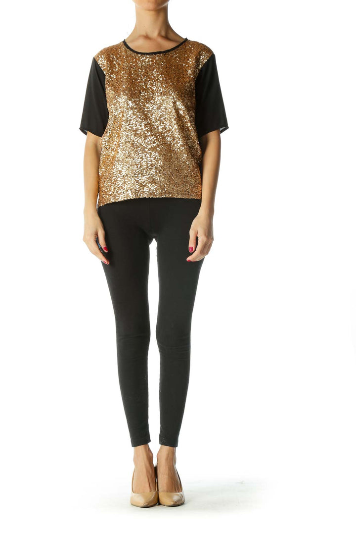 Gold Black Sequined Mixed-Media Top