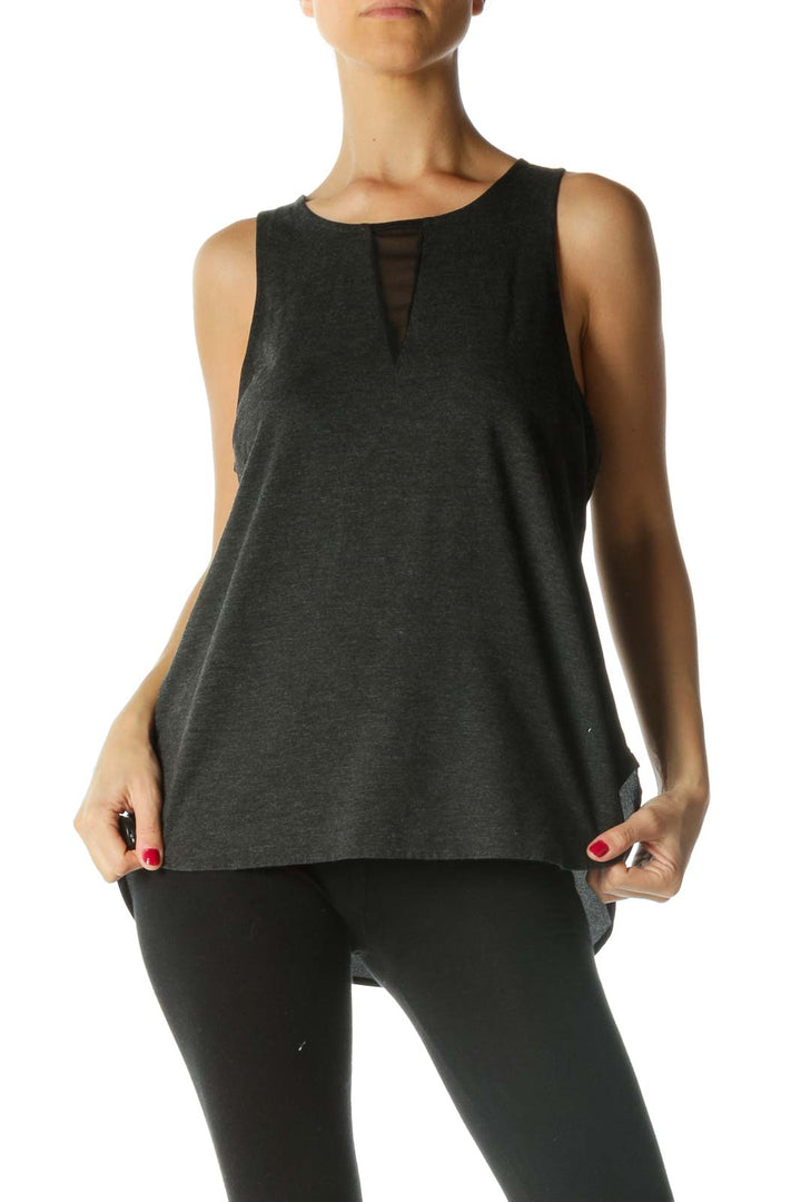 Gray Black Round Neck Mixed-Media Flared Top