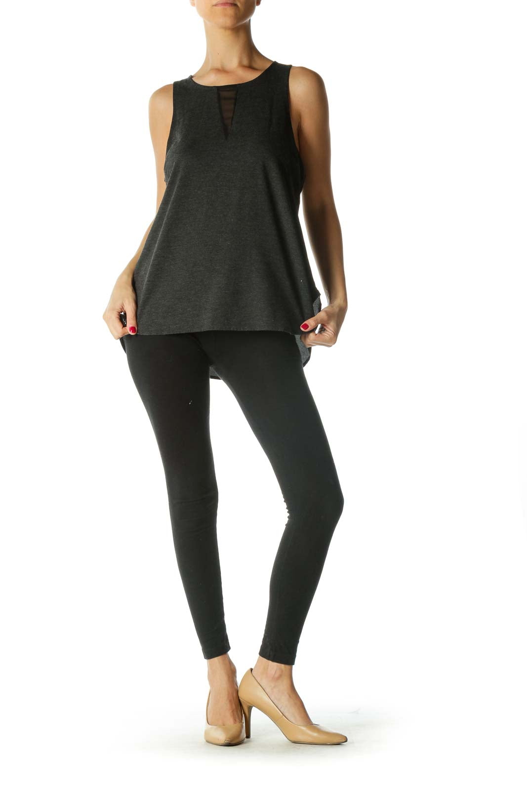 Gray Black Round Neck Mixed-Media Flared Top