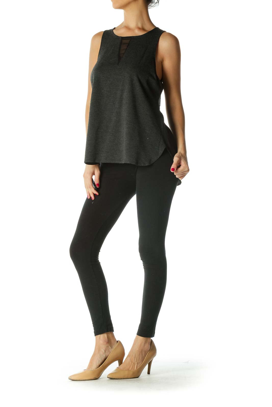 Gray Black Round Neck Mixed-Media Flared Top