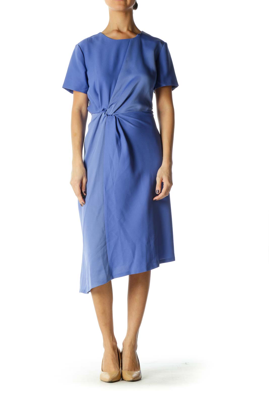 Blue Solid Crewneck A-Line Dresse