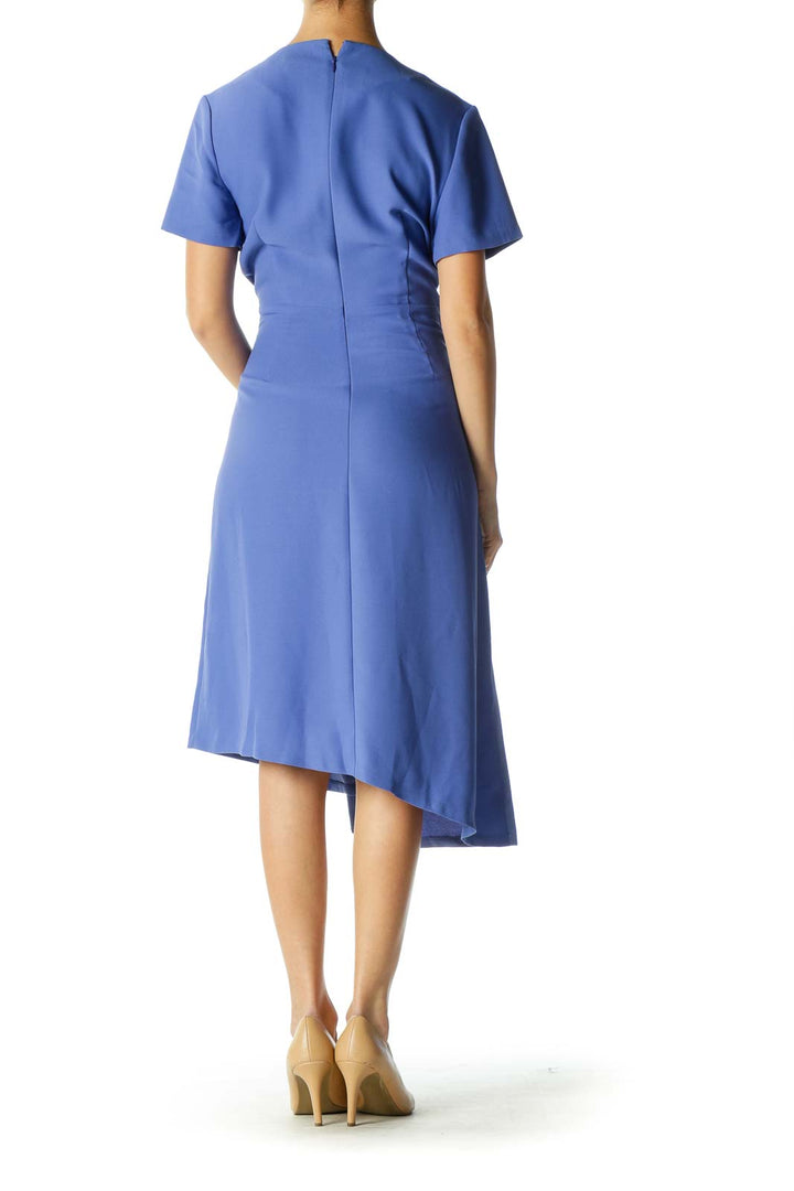 Blue Solid Crewneck A-Line Dresse