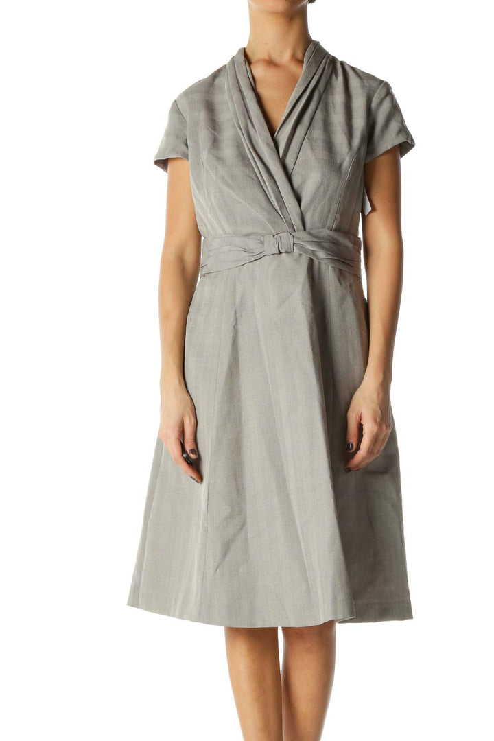 Gray Solid V Neck A-Line Dress