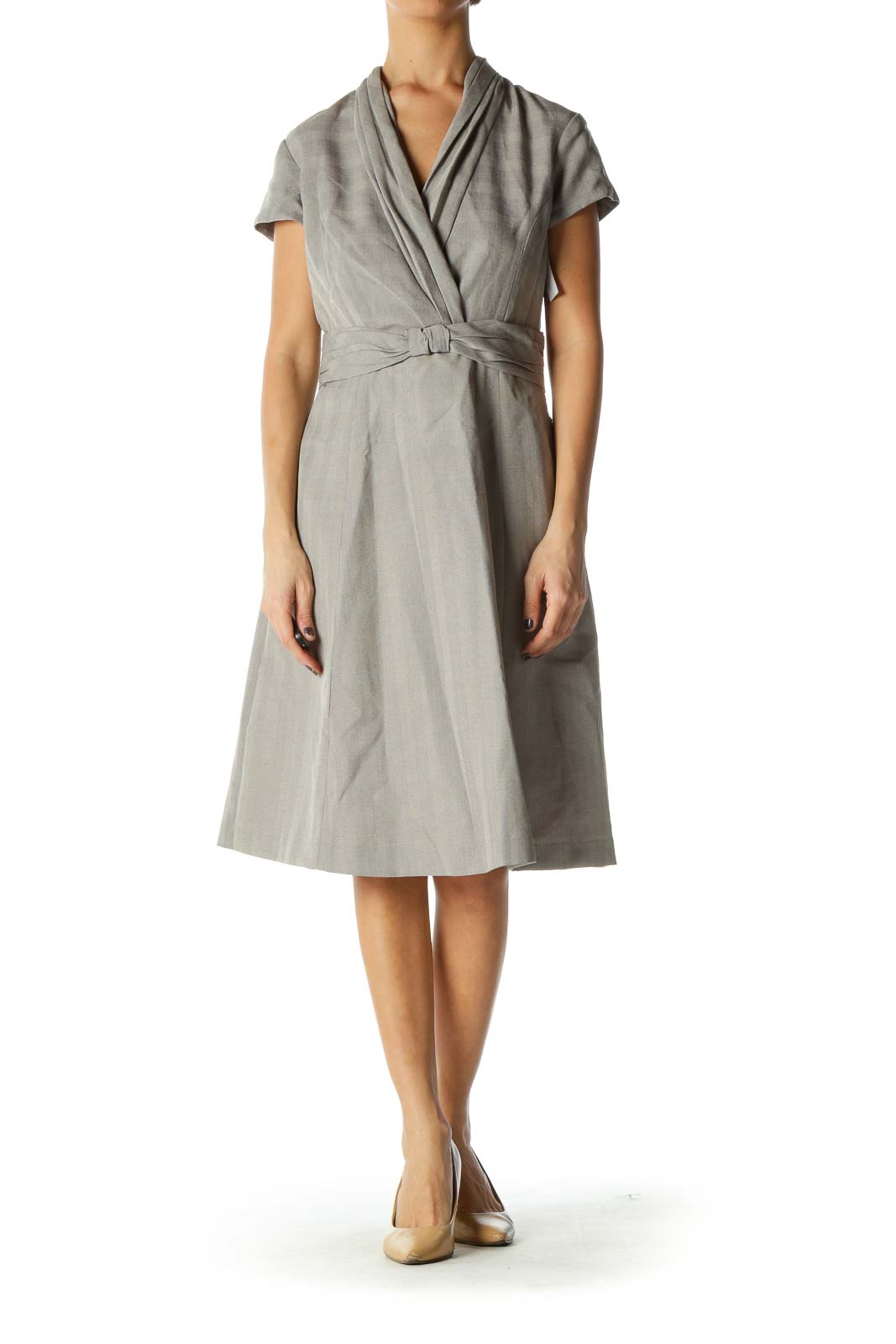 Gray Solid V Neck A-Line Dress