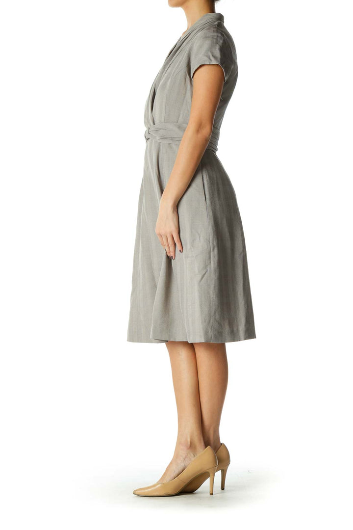 Gray Solid V Neck A-Line Dress