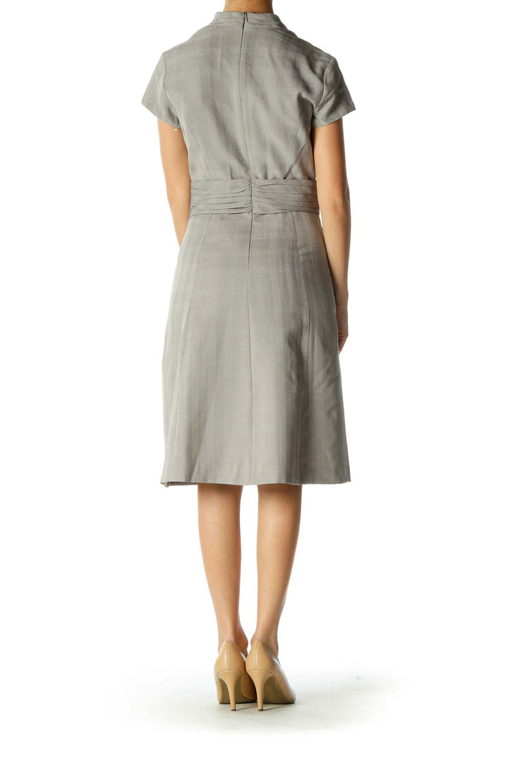 Gray Solid V Neck A-Line Dress