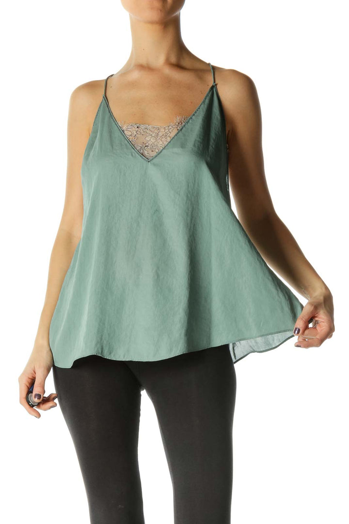 Green Flared Tank Top w/ White Lace Liner