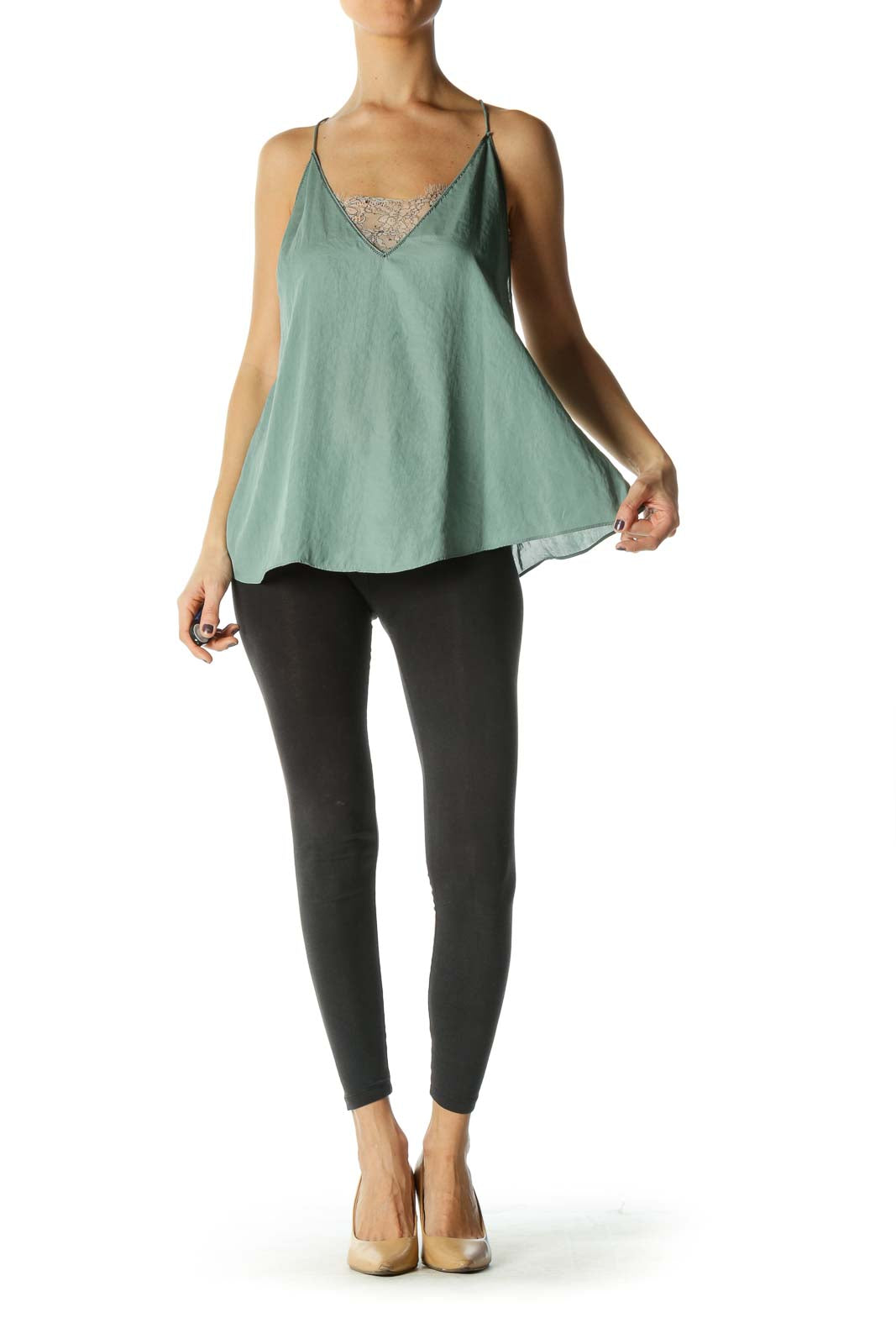 Green Flared Tank Top w/ White Lace Liner