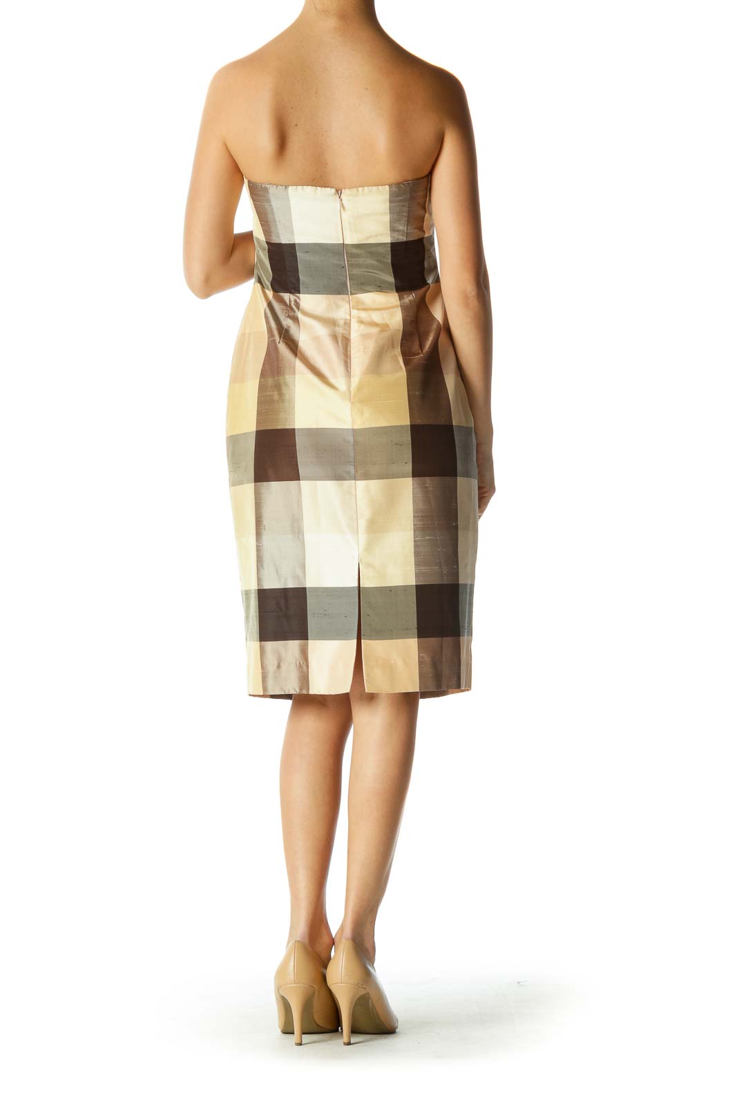 Beige Brown Plaid Strapless Dress