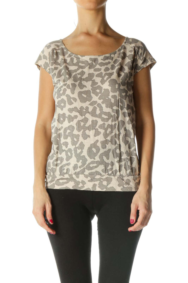 Beige Gray Animal-Print Elastic Waist Top