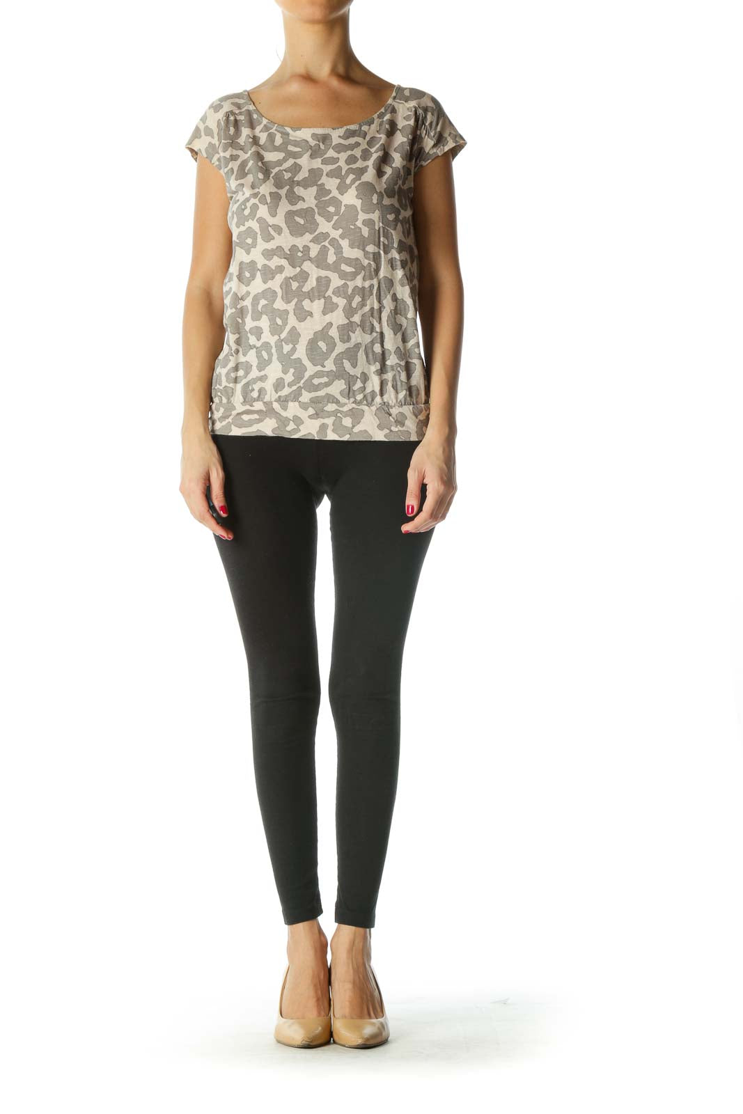 Beige Gray Animal-Print Elastic Waist Top