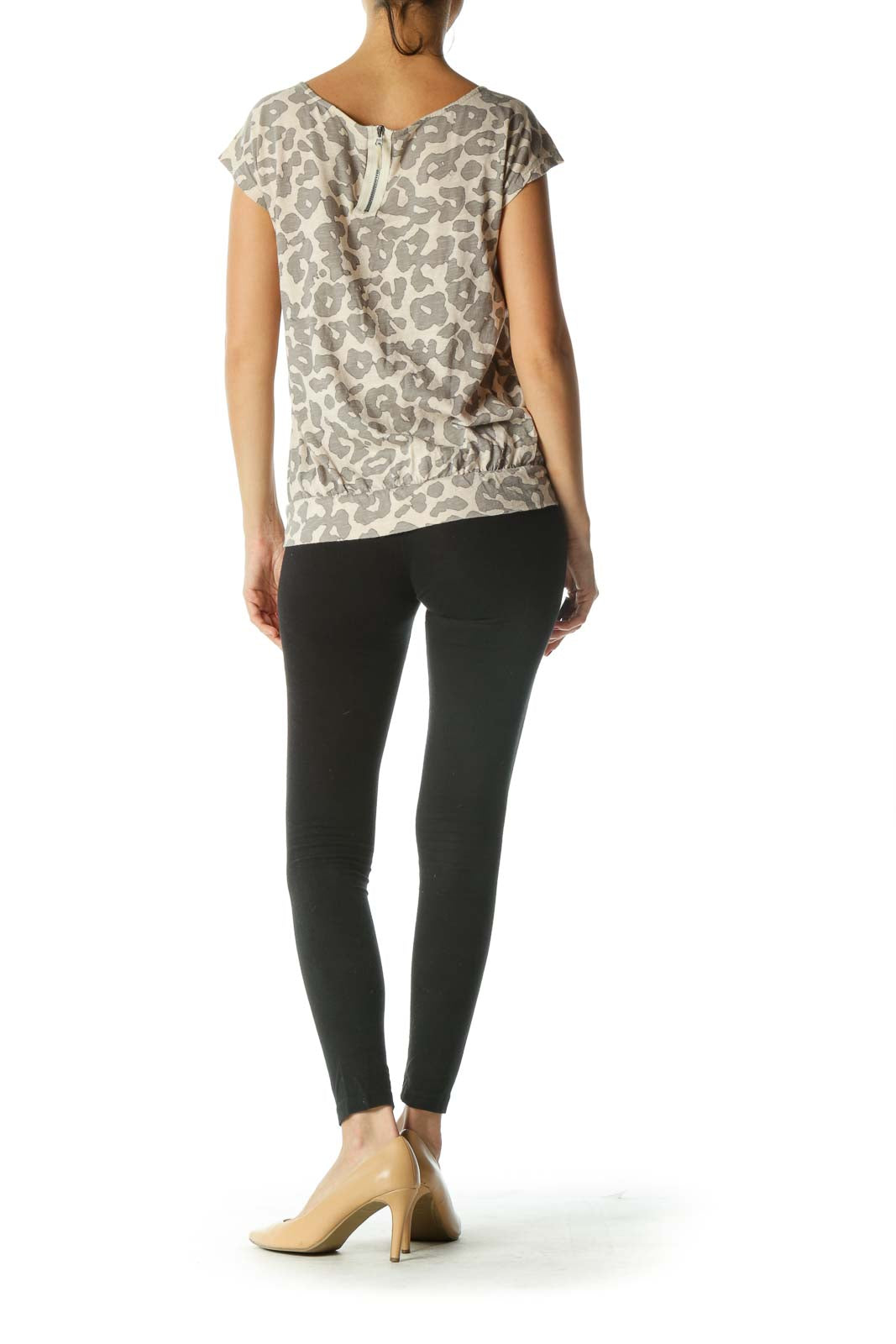 Beige Gray Animal-Print Elastic Waist Top