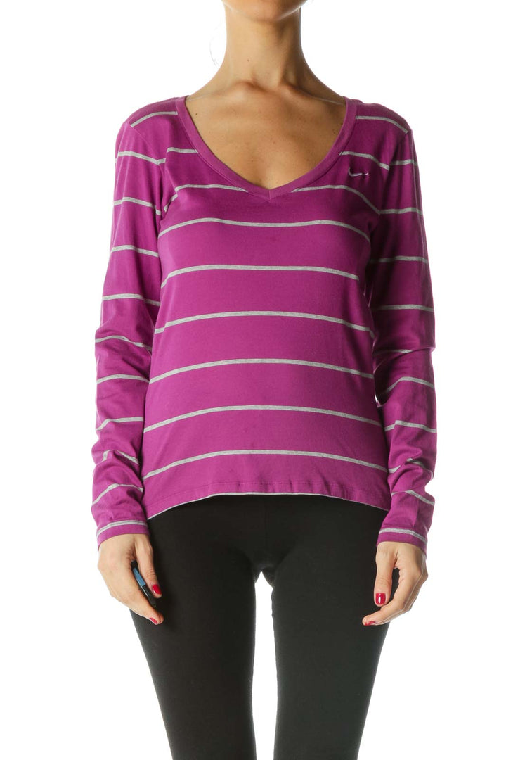 Purple Gray Striped V-Neck Active Top