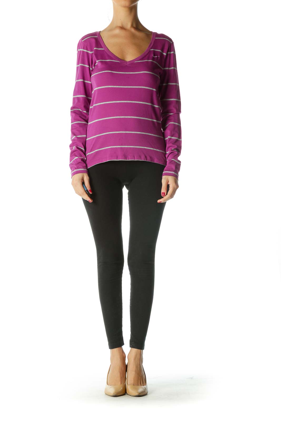 Purple Gray Striped V-Neck Active Top