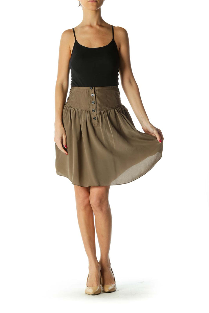 Green 100% Silk Pleated Buttoned Skirt