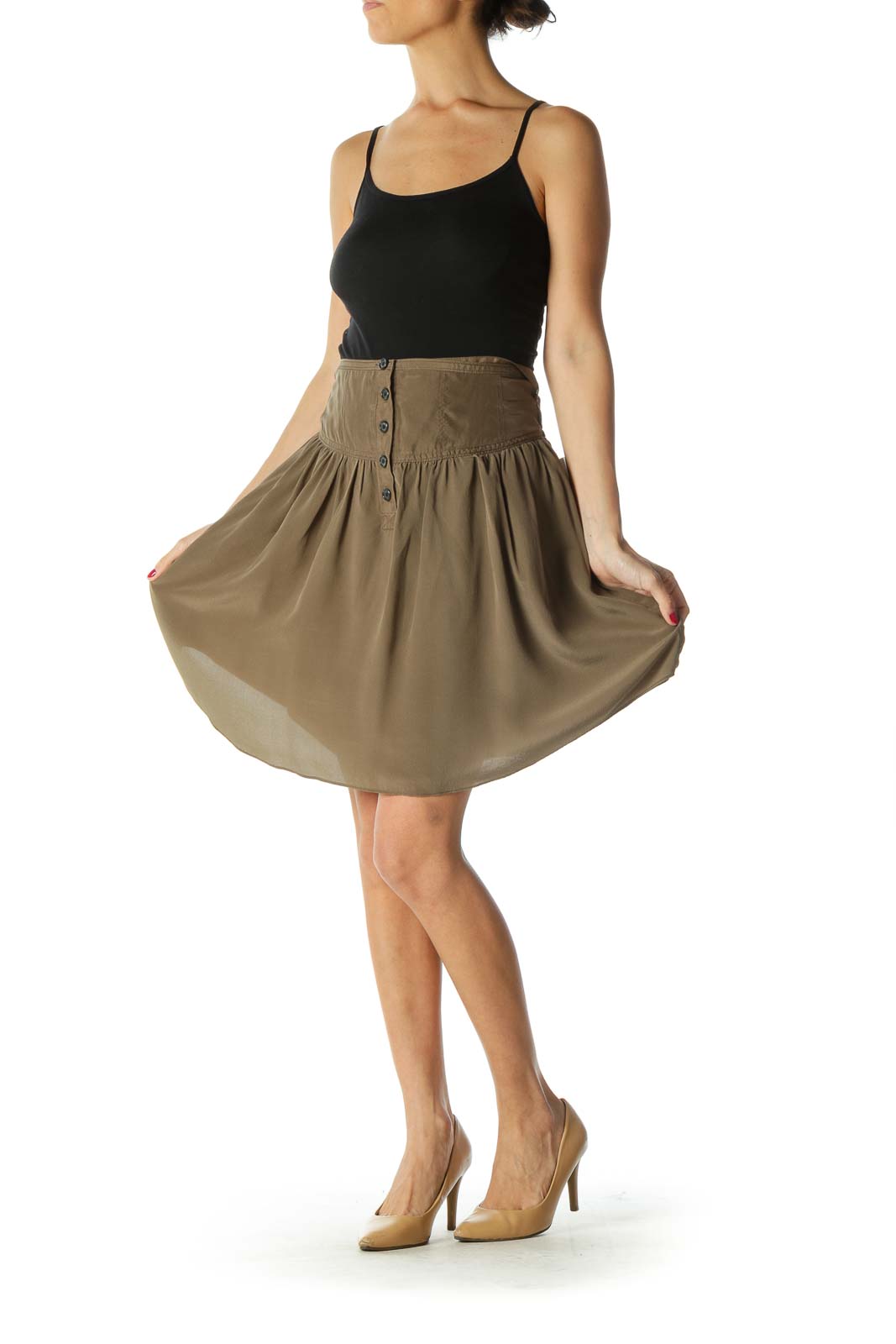 Green 100% Silk Pleated Buttoned Skirt