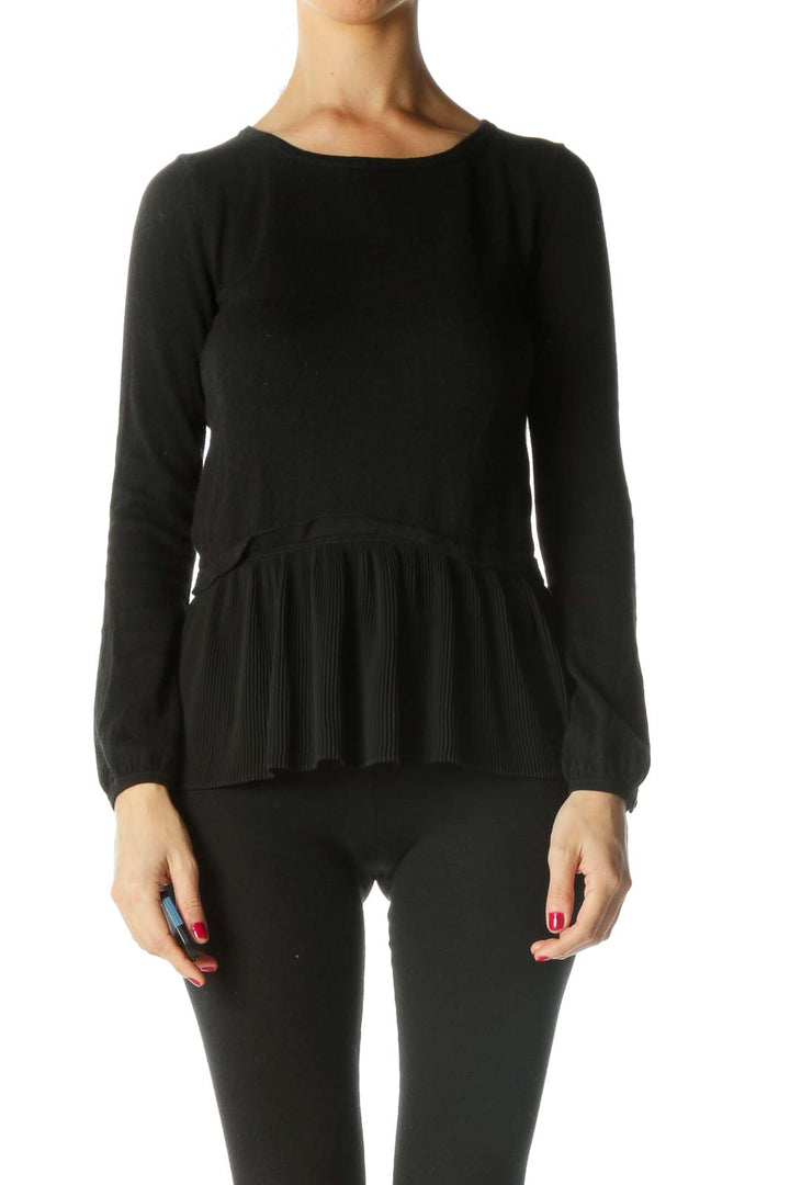 Black Mixed-Media Flared Detail Knit Top