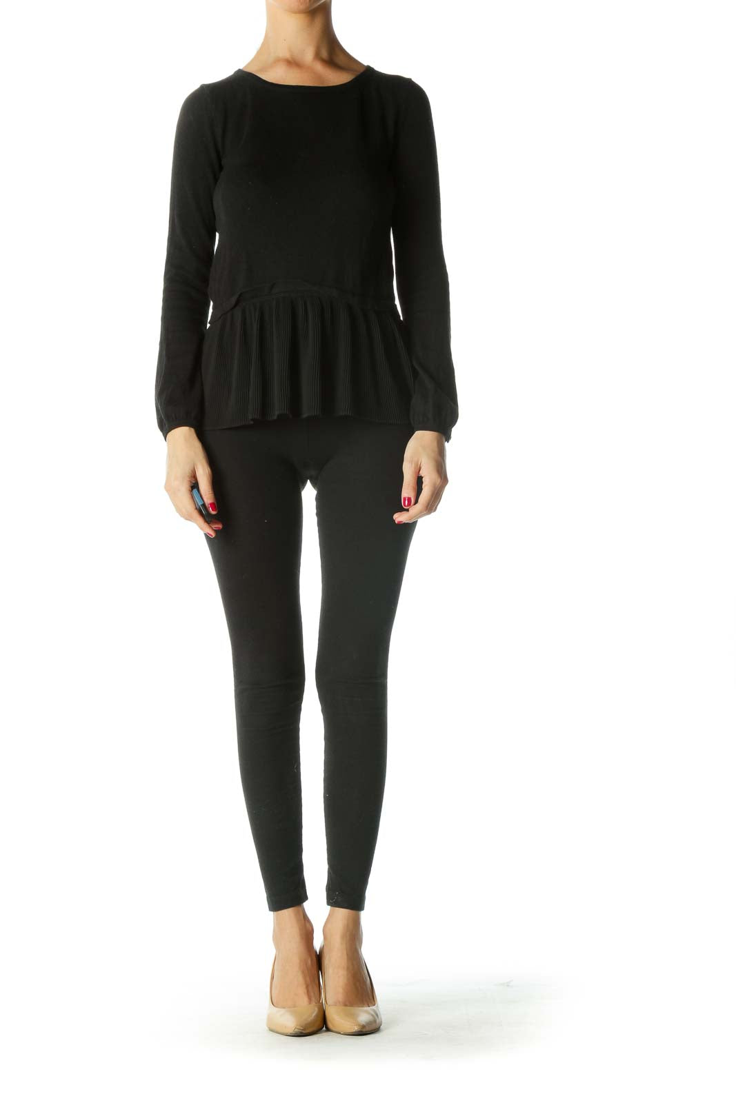 Black Mixed-Media Flared Detail Knit Top