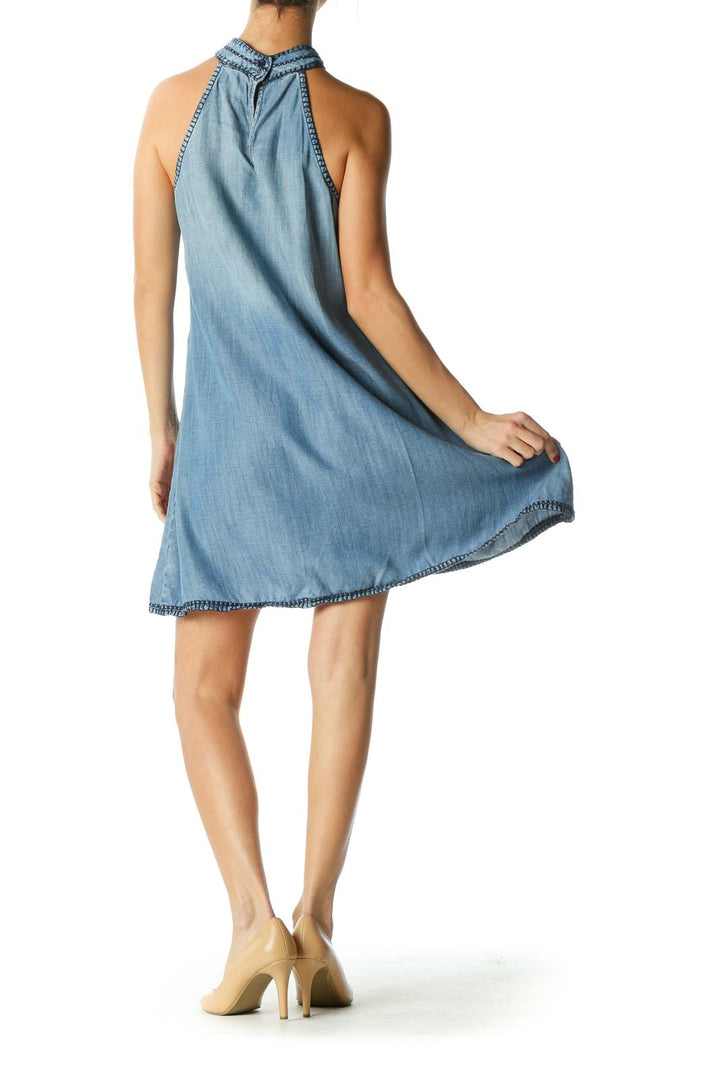 Blue Mock Neck Sleeveless Chambray Shift Dress