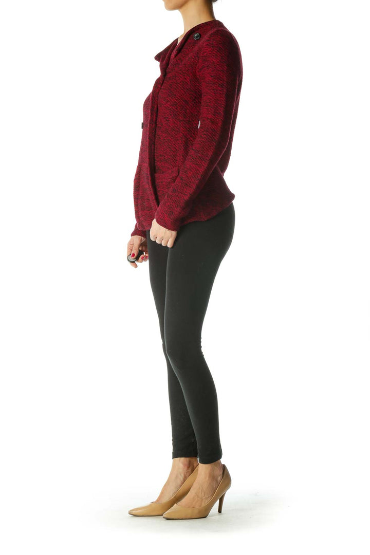 Red Black Double-Breasted Buttoned Knit Cardigan