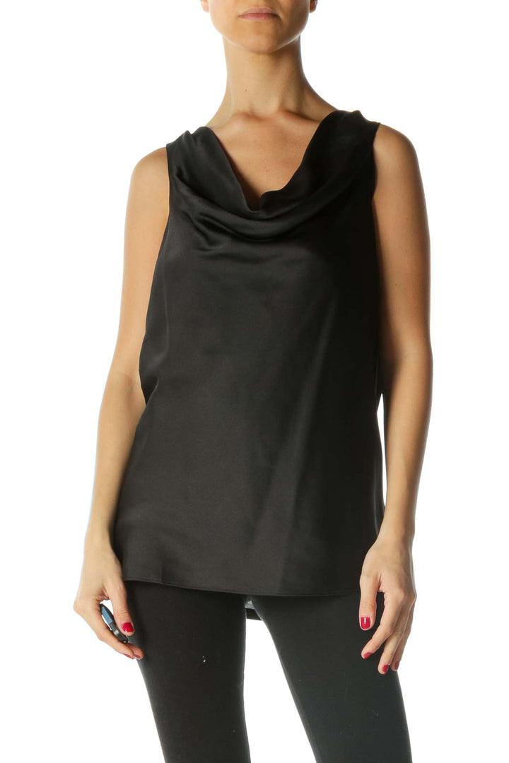 Black Mixed Media Cowl Neck Sleeveless Top