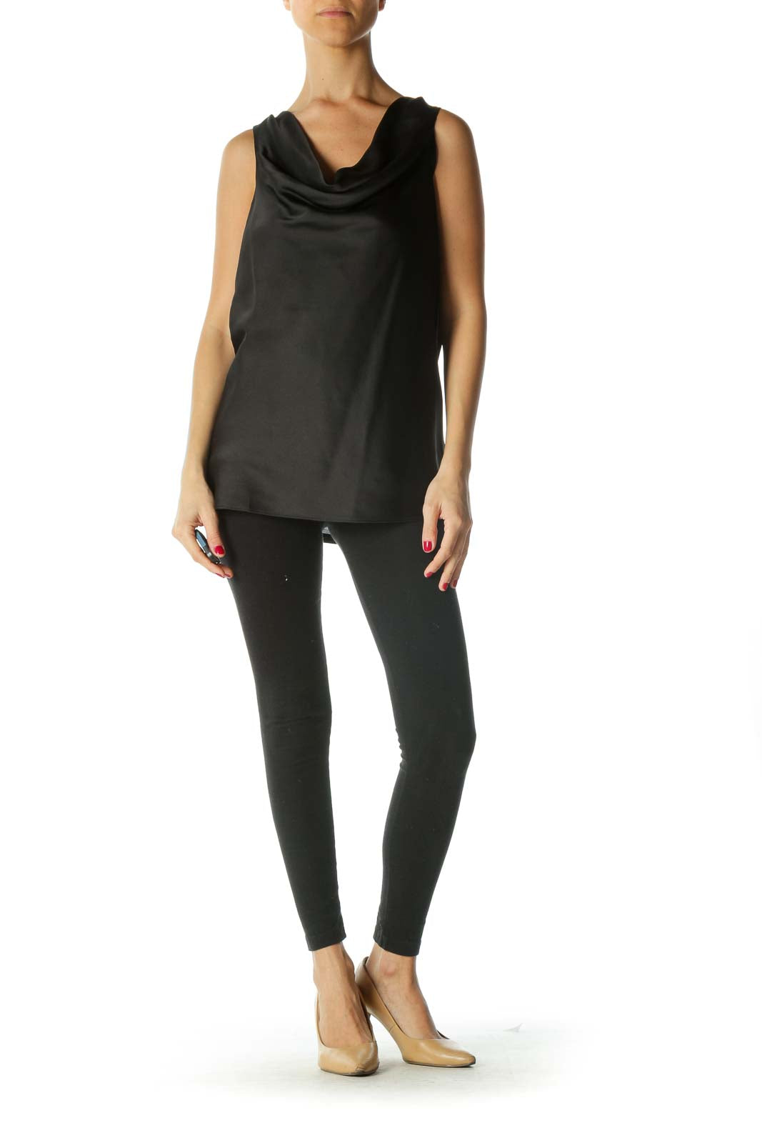 Black Mixed Media Cowl Neck Sleeveless Top