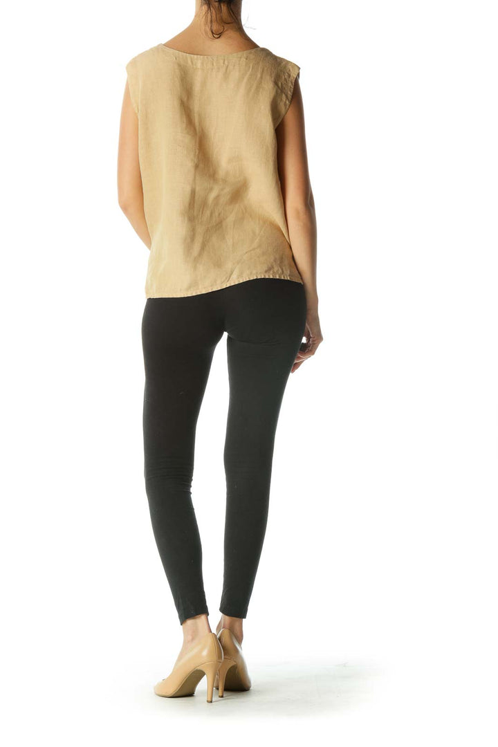 Beige 100% Linen Boat Neck Top