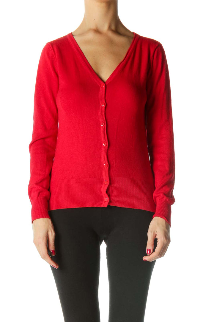 Red V-Neck Buttoned Sweater