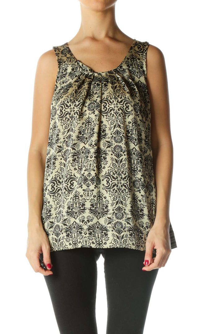 Beige Black Print Striped Mixed-Media Top